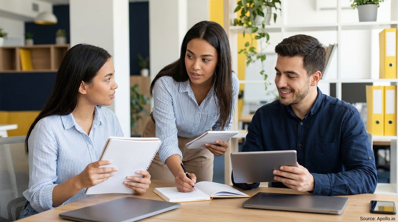 Two women and a man collaborate at an office table, writing notes and using a tablet.