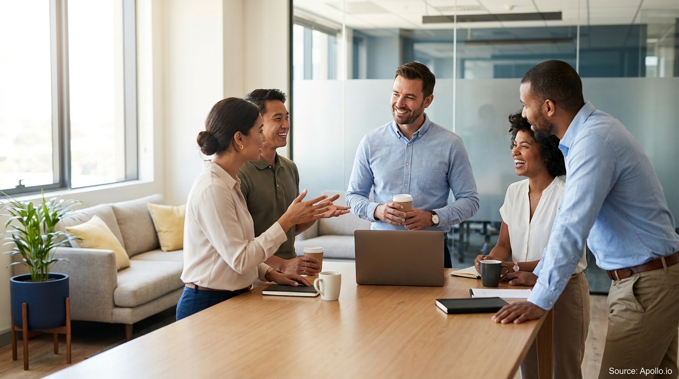 Five diverse professionals gather, talking and laughing, around an office table.