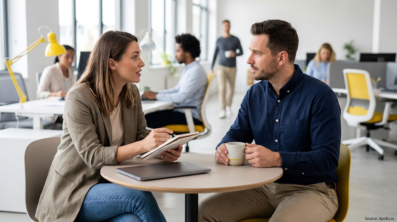 A woman speaks and takes notes while a man listens at an office table.