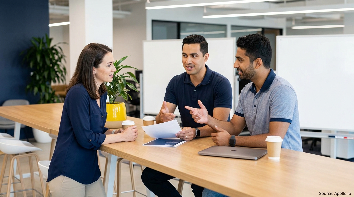 Three people meet at a modern office table with documents, coffee, and a laptop.