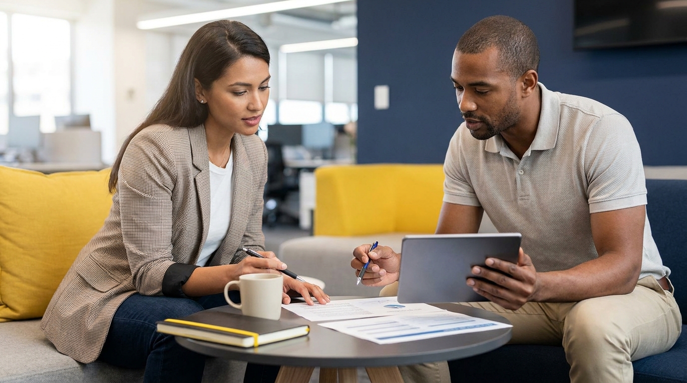 Two professionals discuss documents and a tablet in a modern office lounge.