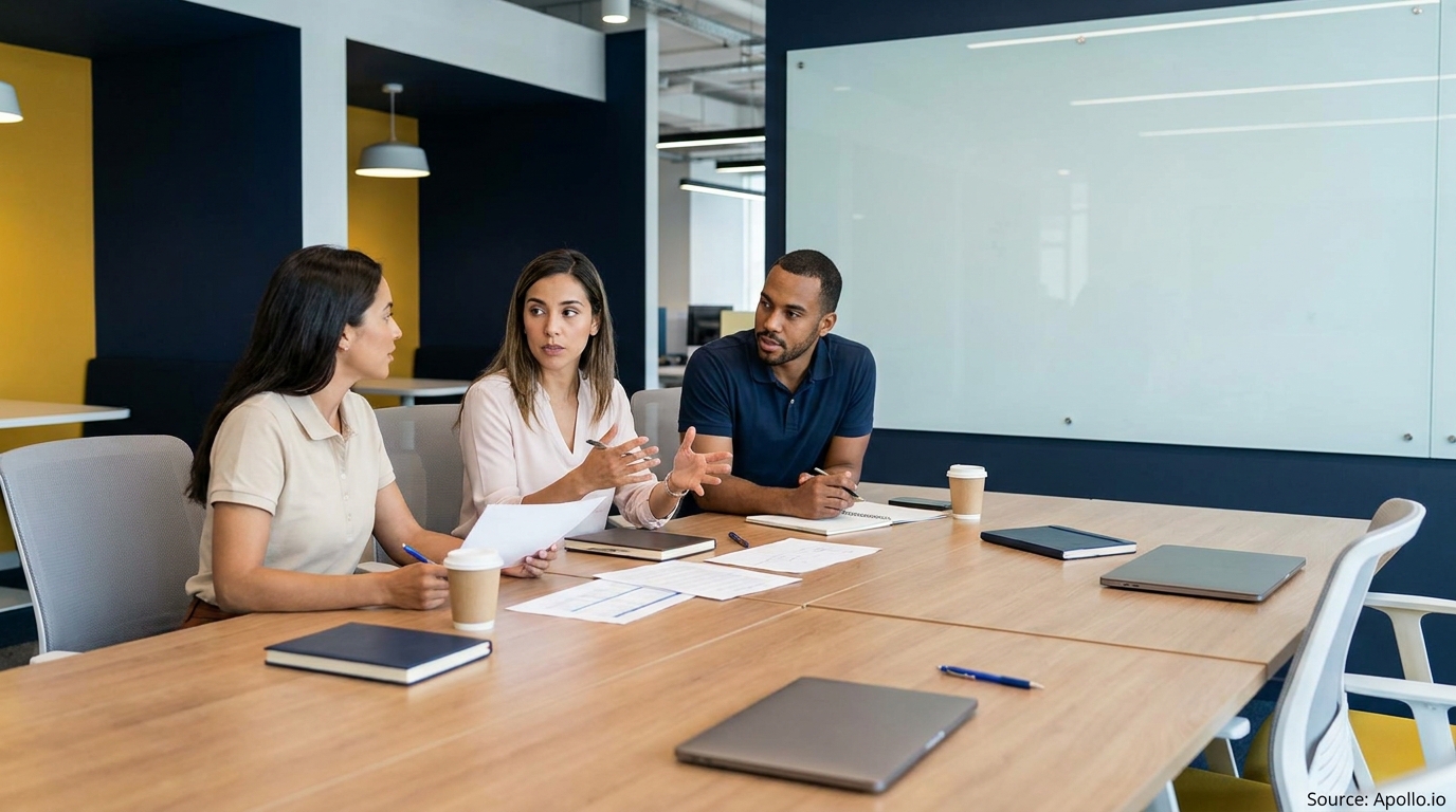 Three professionals discussing at a modern office table.