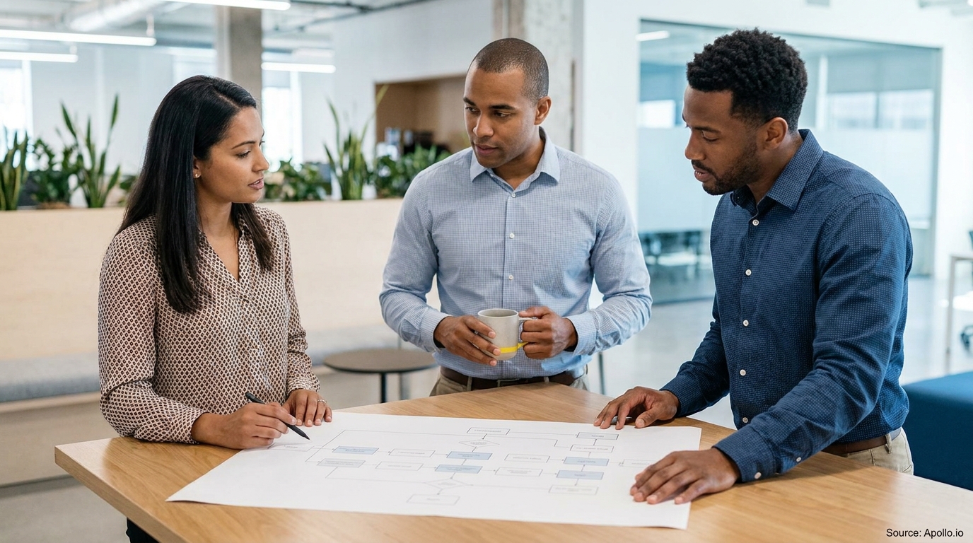 Three diverse colleagues discuss a process flowchart on a table in a modern office.