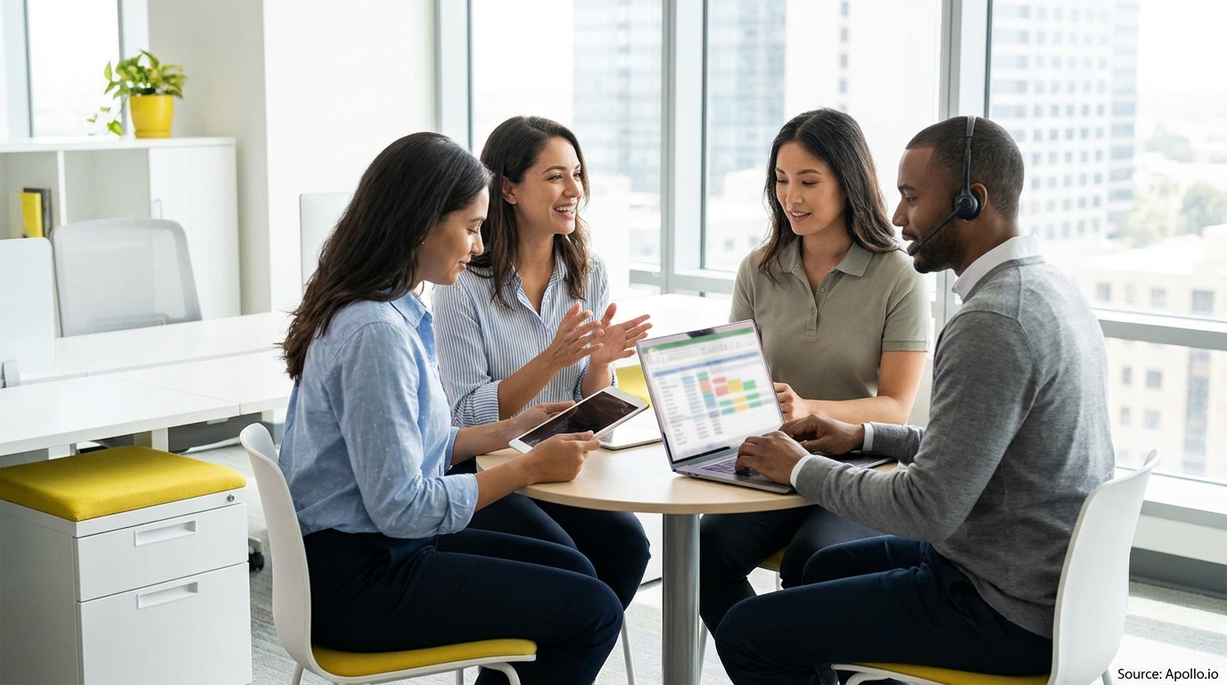 Four diverse colleagues discuss data, one with a headset, at a modern office table.