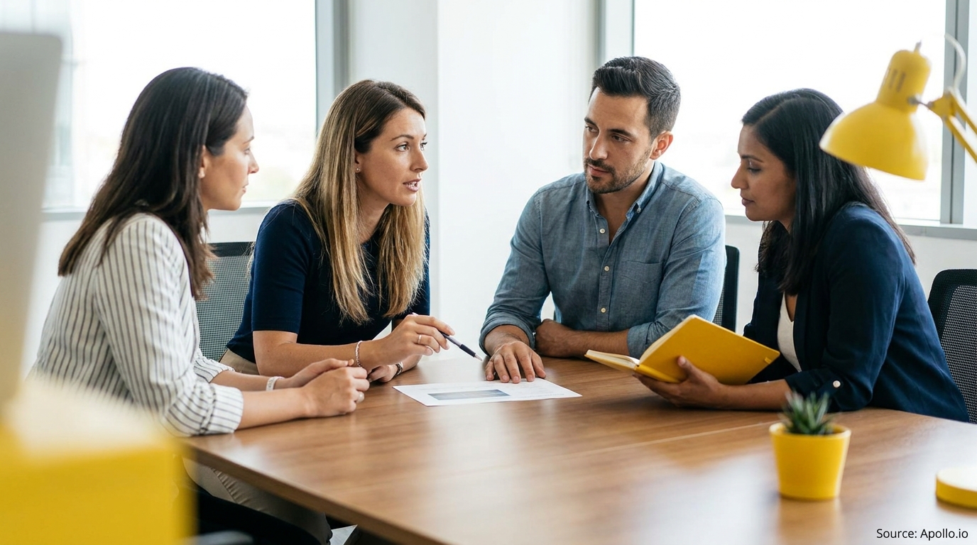 Four professionals discussing documents at a modern office table.