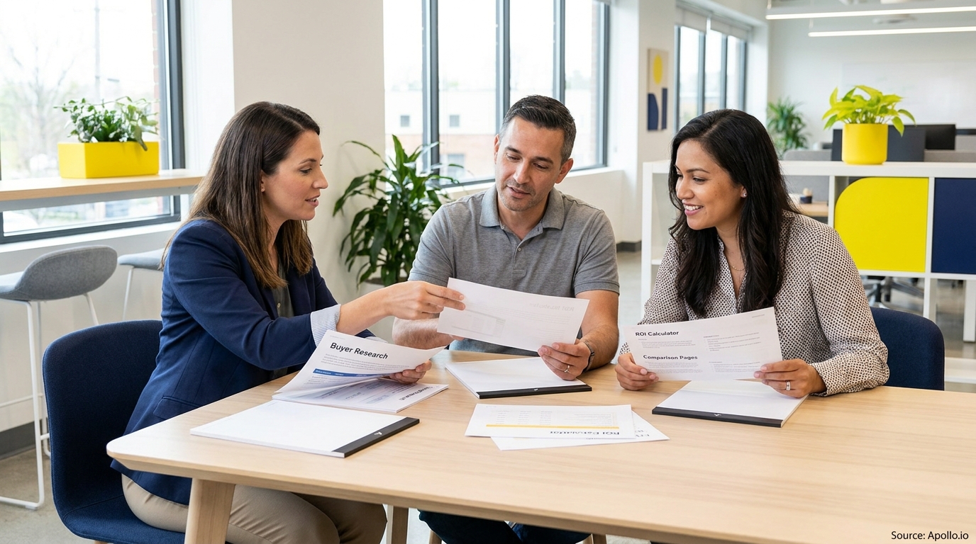 Three professionals discussing documents at a modern office table.