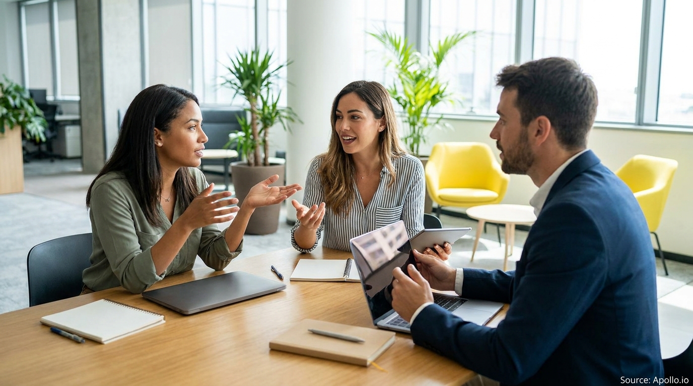 Three diverse professionals discuss in a modern office with laptops and tablets.