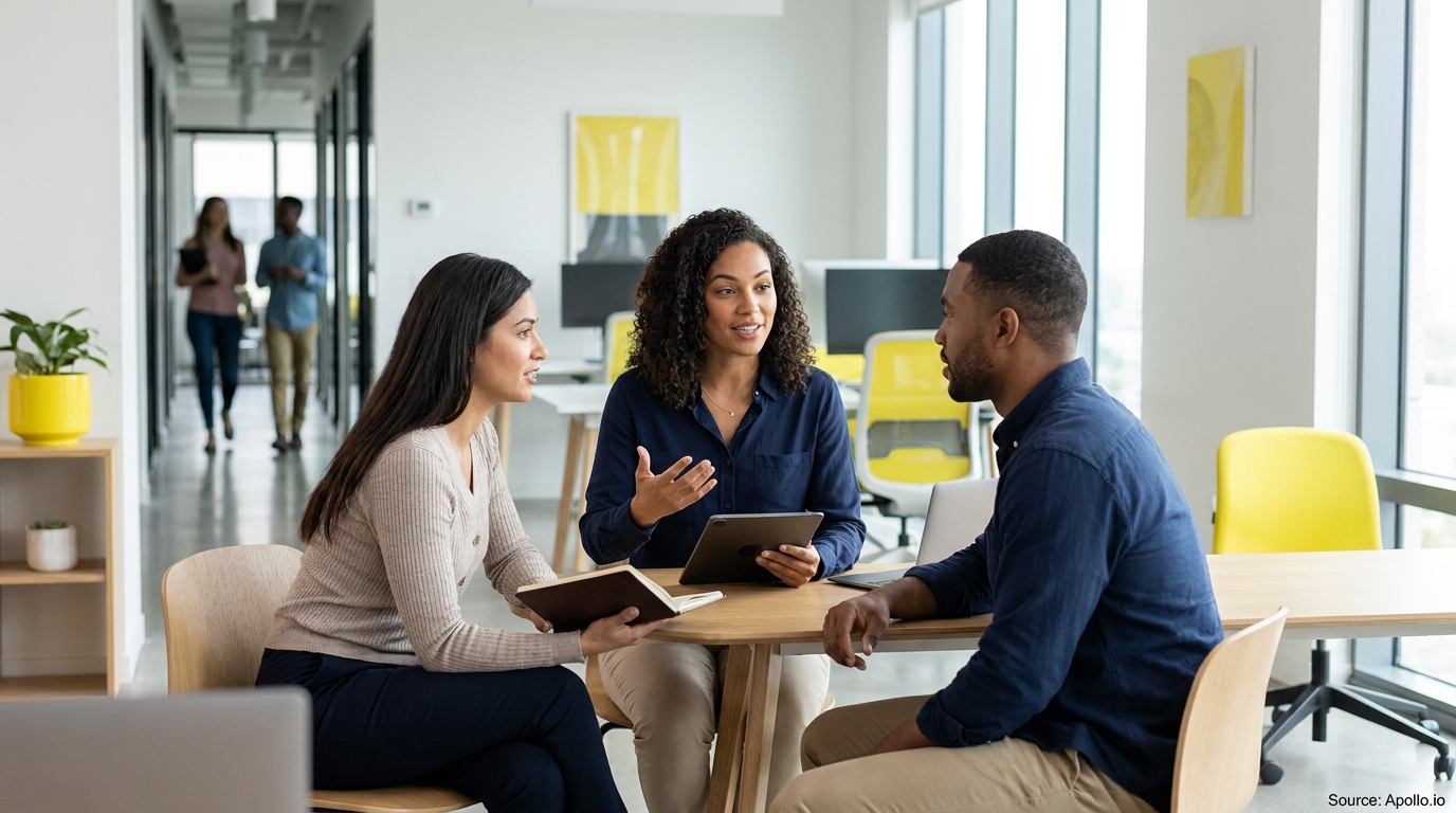Three diverse professionals discuss at a table in a modern office.