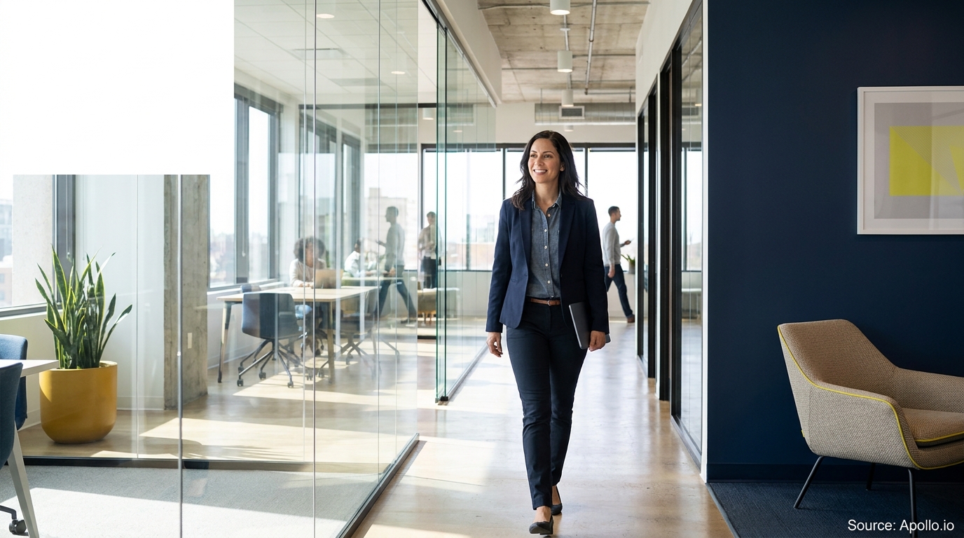 Smiling businesswoman walks through a bright office hallway with glass offices.