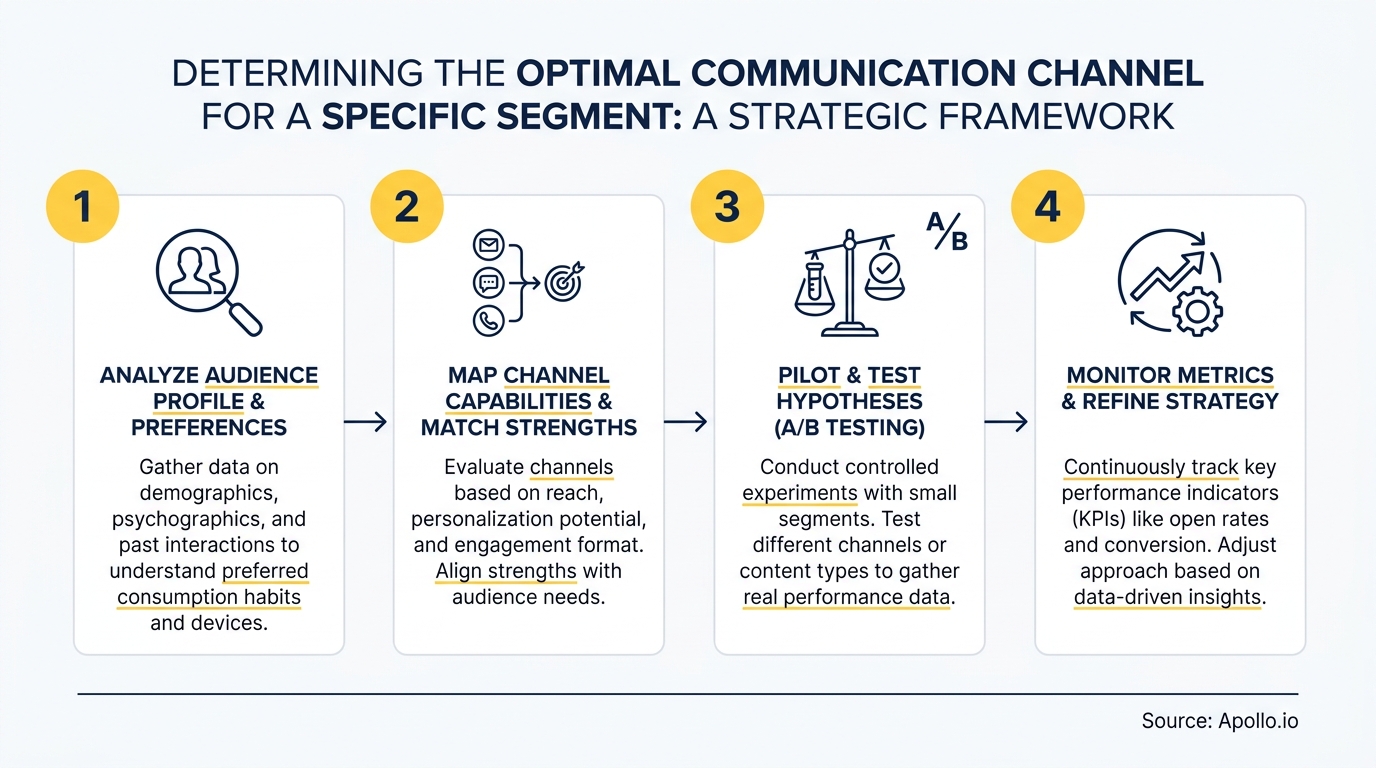 A four-step strategic framework infographic for determining optimal communication channels.