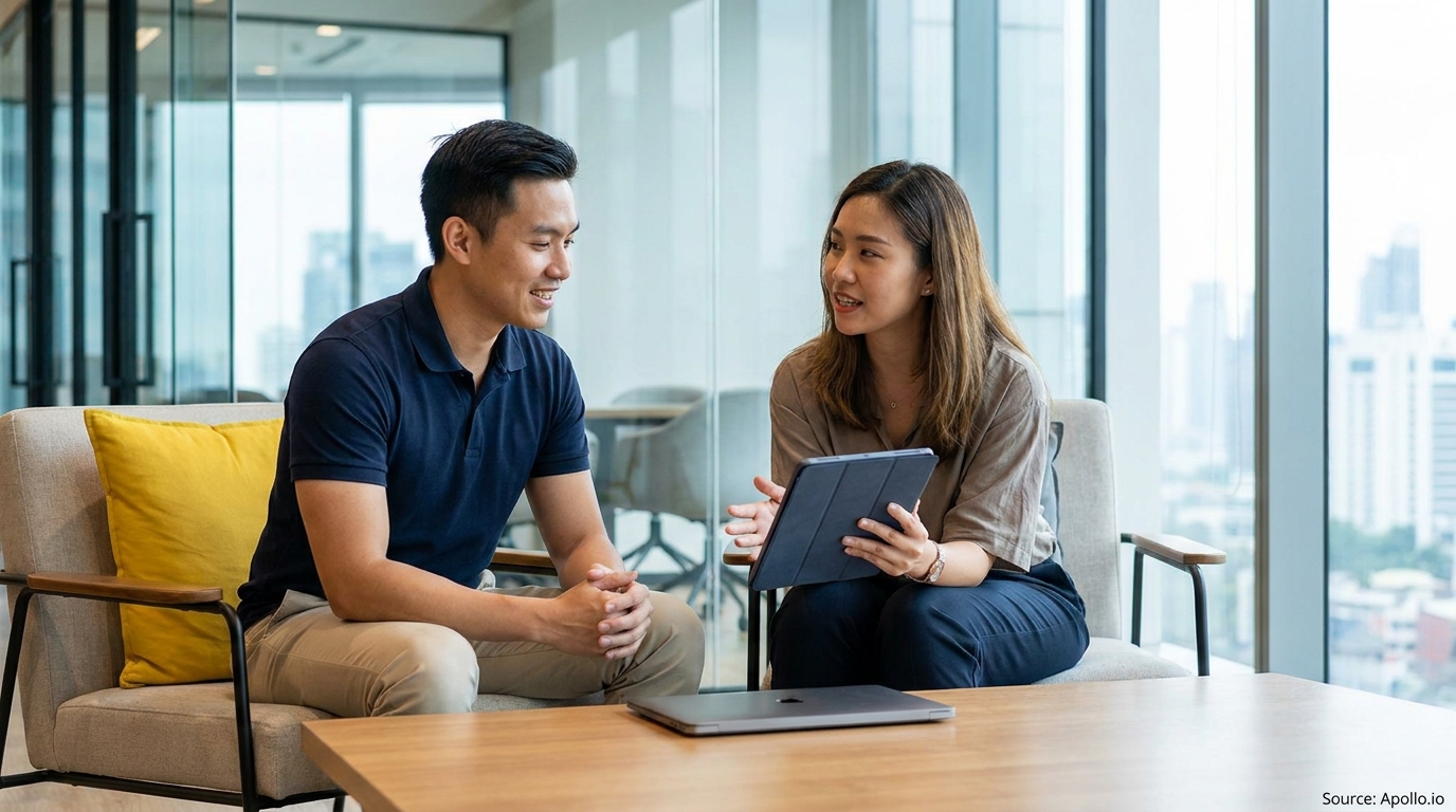 Two professionals discuss ideas with a tablet and laptop in a modern office.