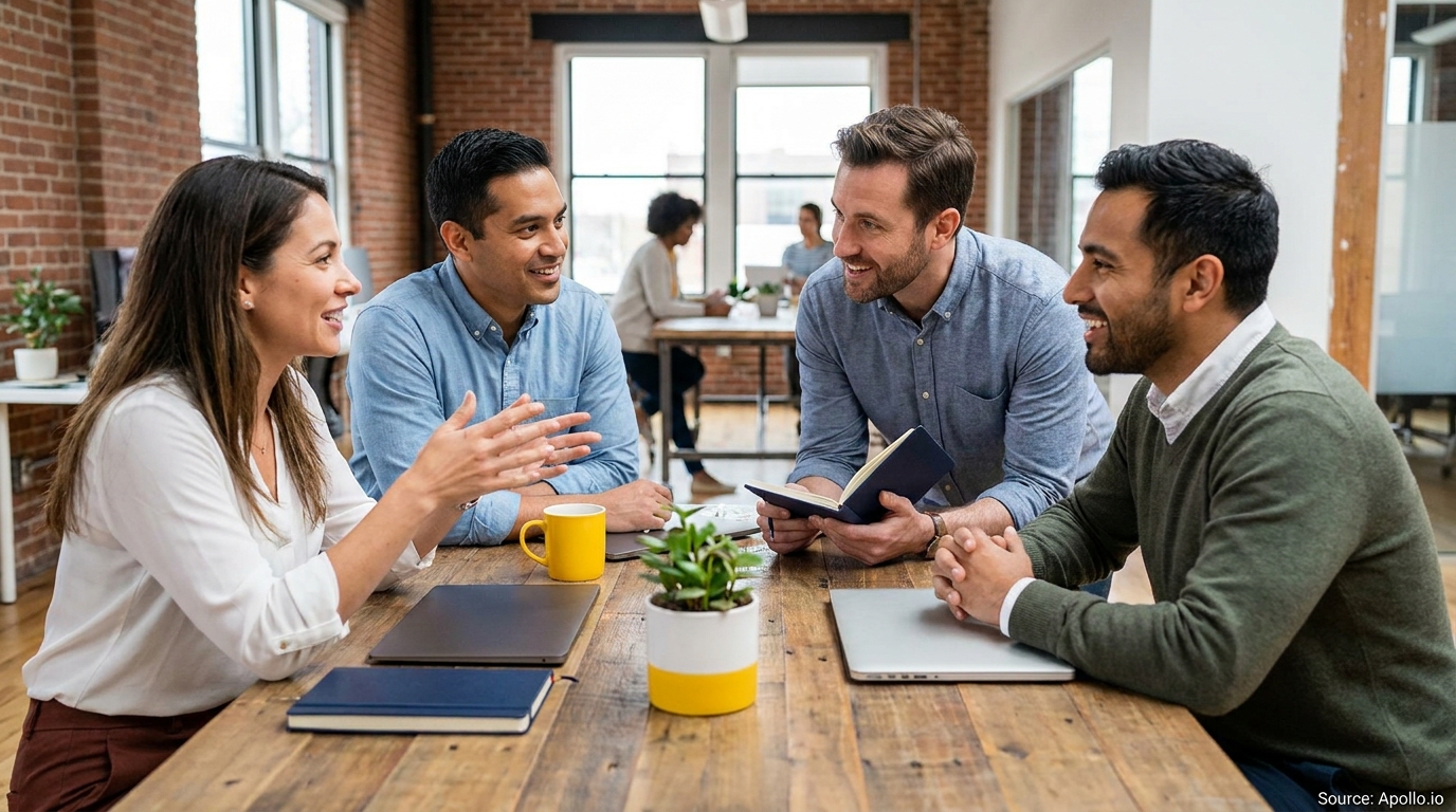 Four professionals talk and smile around a wooden table in a modern office.