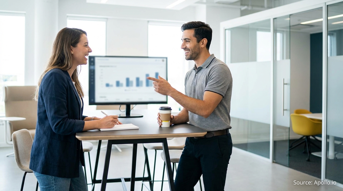Two smiling professionals discuss data on a monitor at a modern office standing table.