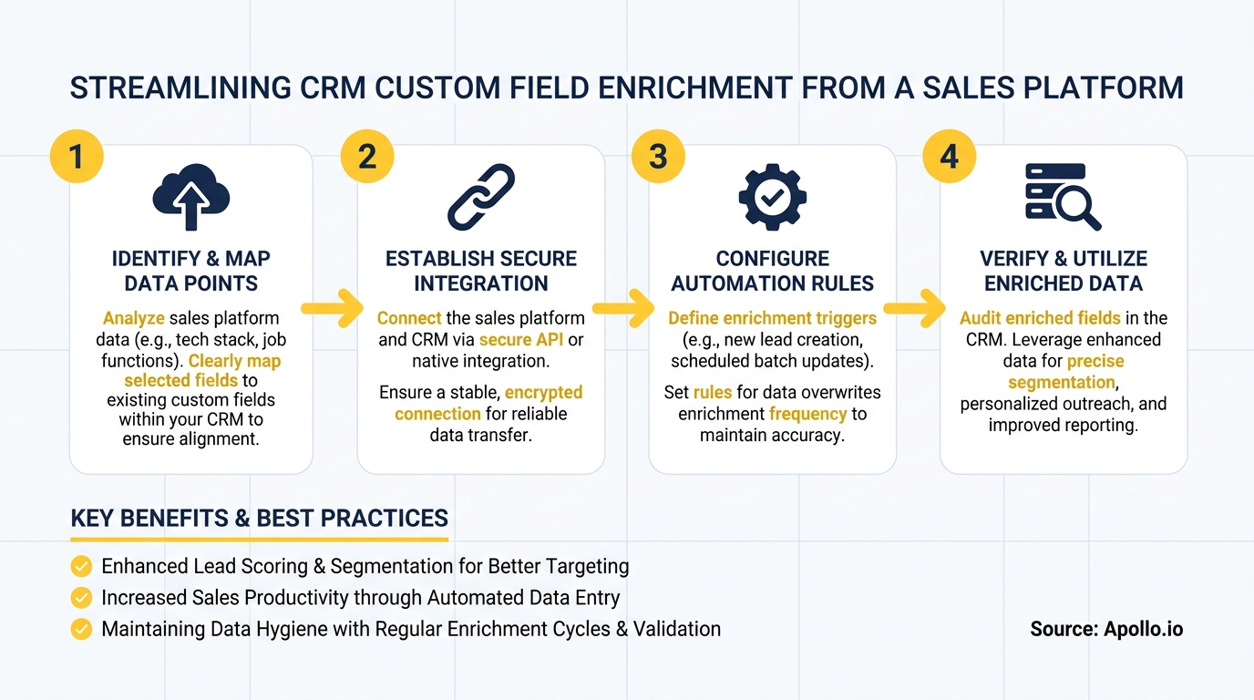 An infographic details a four-step process for CRM custom field enrichment from a sales platform, with key benefits listed below.