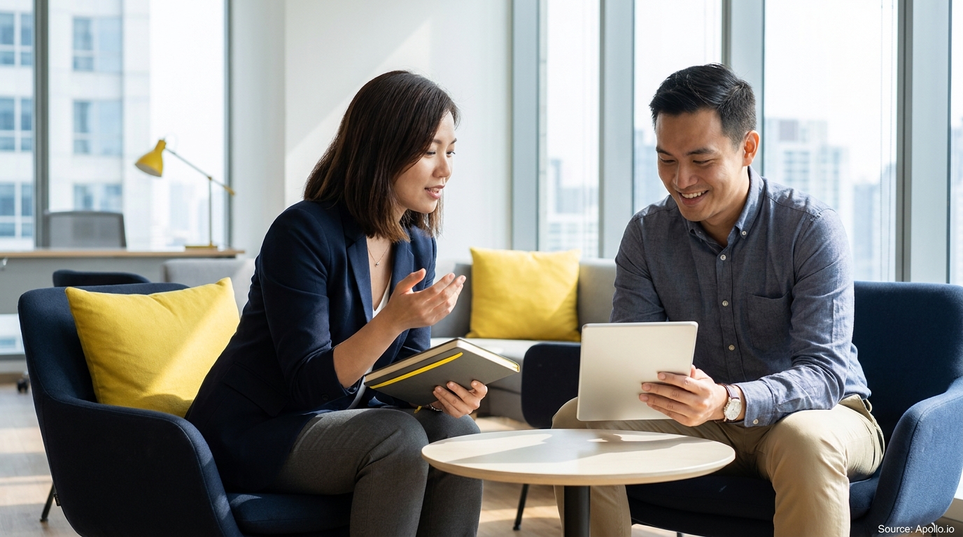 Two colleagues converse in a sunny office lounge, one holding a notebook, the other a tablet.