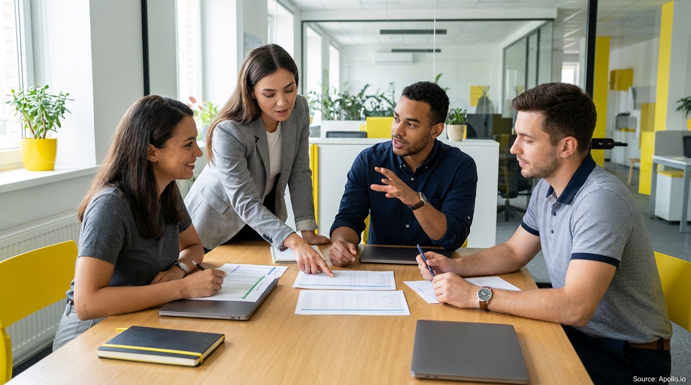 Four professionals discuss documents at a table in a modern office.