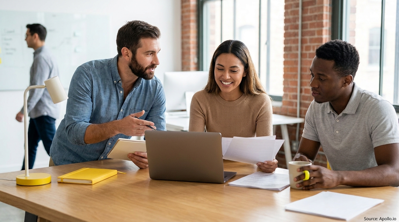 Three diverse professionals collaborate at a laptop and papers in a modern office.