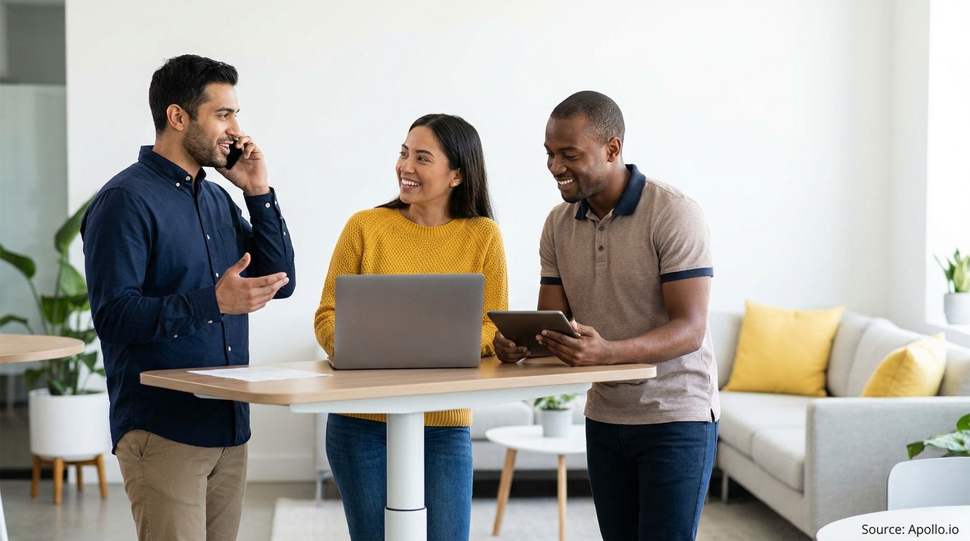 Three diverse professionals collaborate at a standing desk, one on the phone, one on a laptop, one on a tablet.