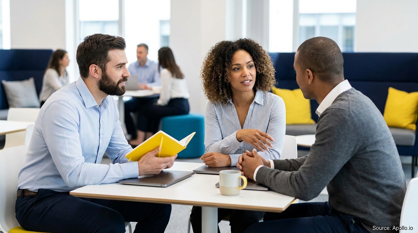 Three professionals discuss in a modern office with laptops and a notebook.