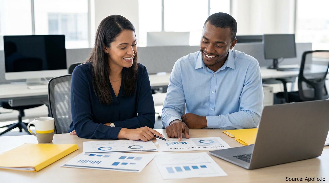 Two smiling colleagues review data reports at a modern office desk.