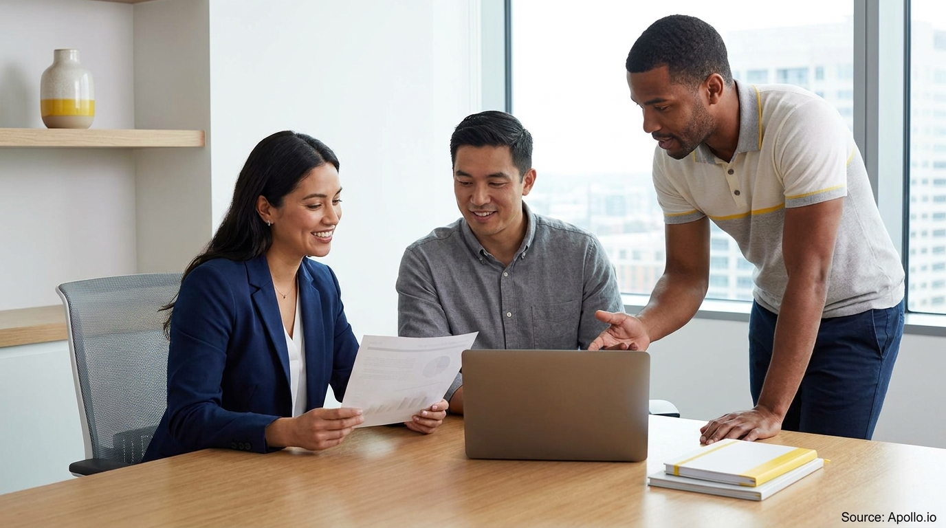 Three smiling colleagues collaborating around a laptop and documents in a bright modern office.