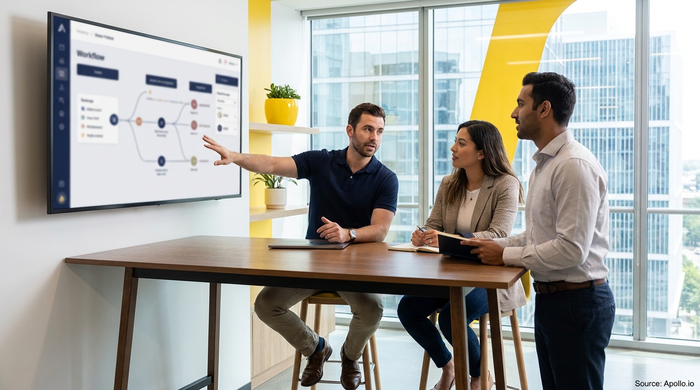Three professionals discuss a workflow diagram on a large screen in a modern office with city views.