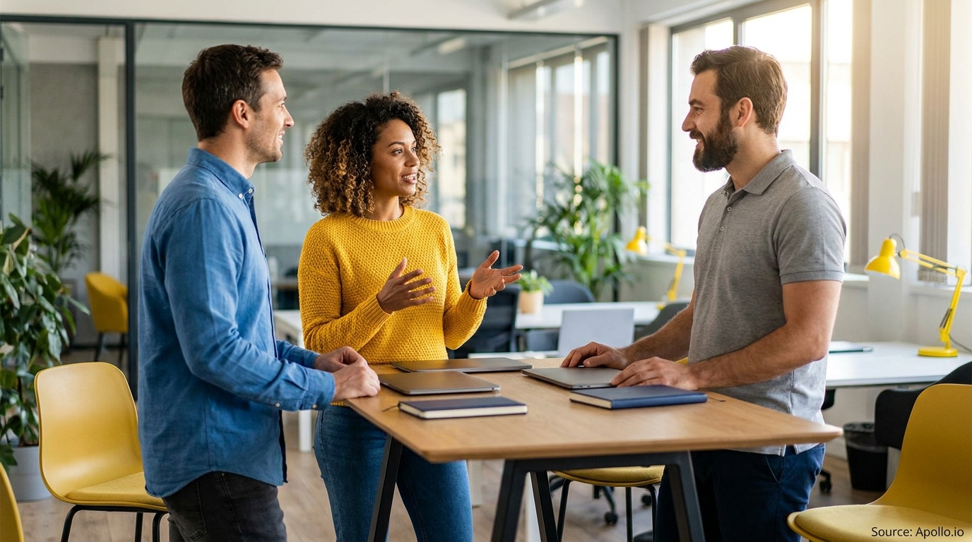 Three people stand and talk around a table with laptops in a modern office.