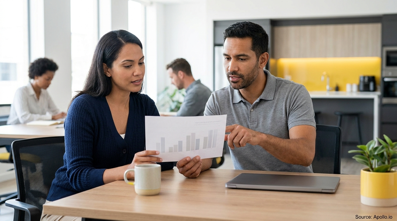Two colleagues discuss a bar chart document while others work in a modern office.