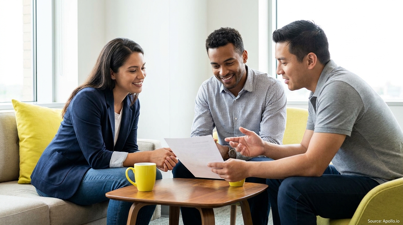 Three smiling professionals discuss a document at a coffee table in a modern office.