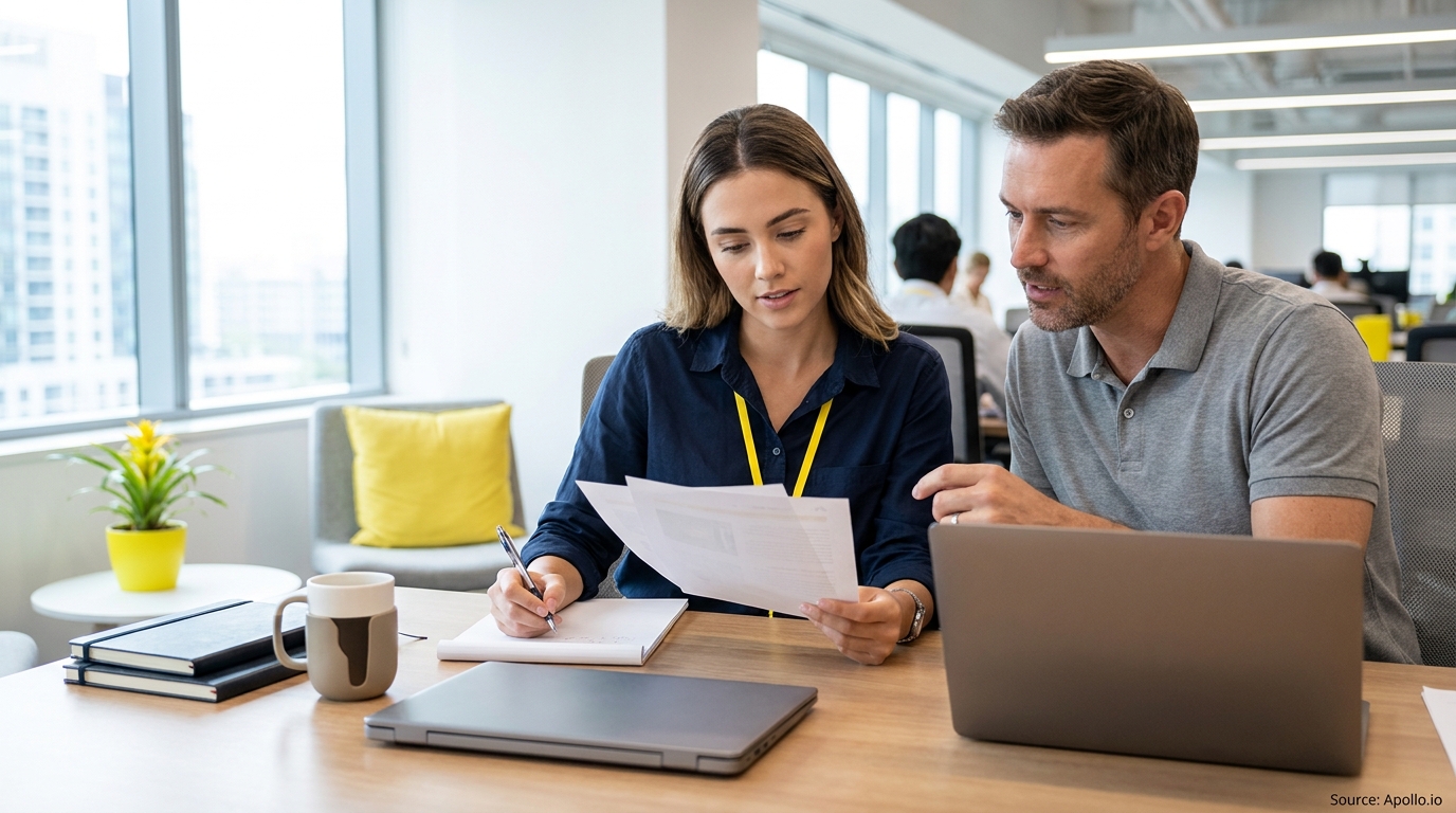 Two colleagues discuss documents and work at a modern office desk.