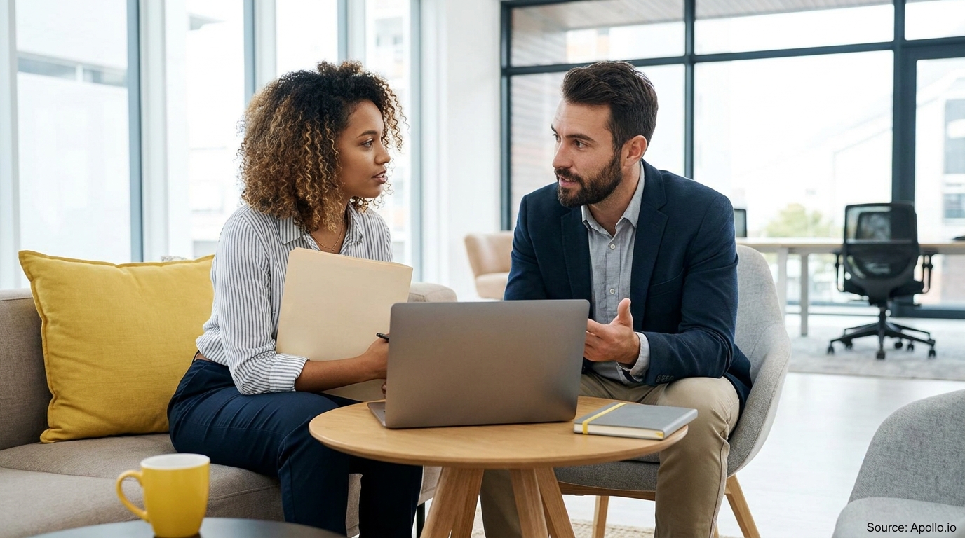 Two professionals discuss work in a modern office lounge with a laptop and documents.