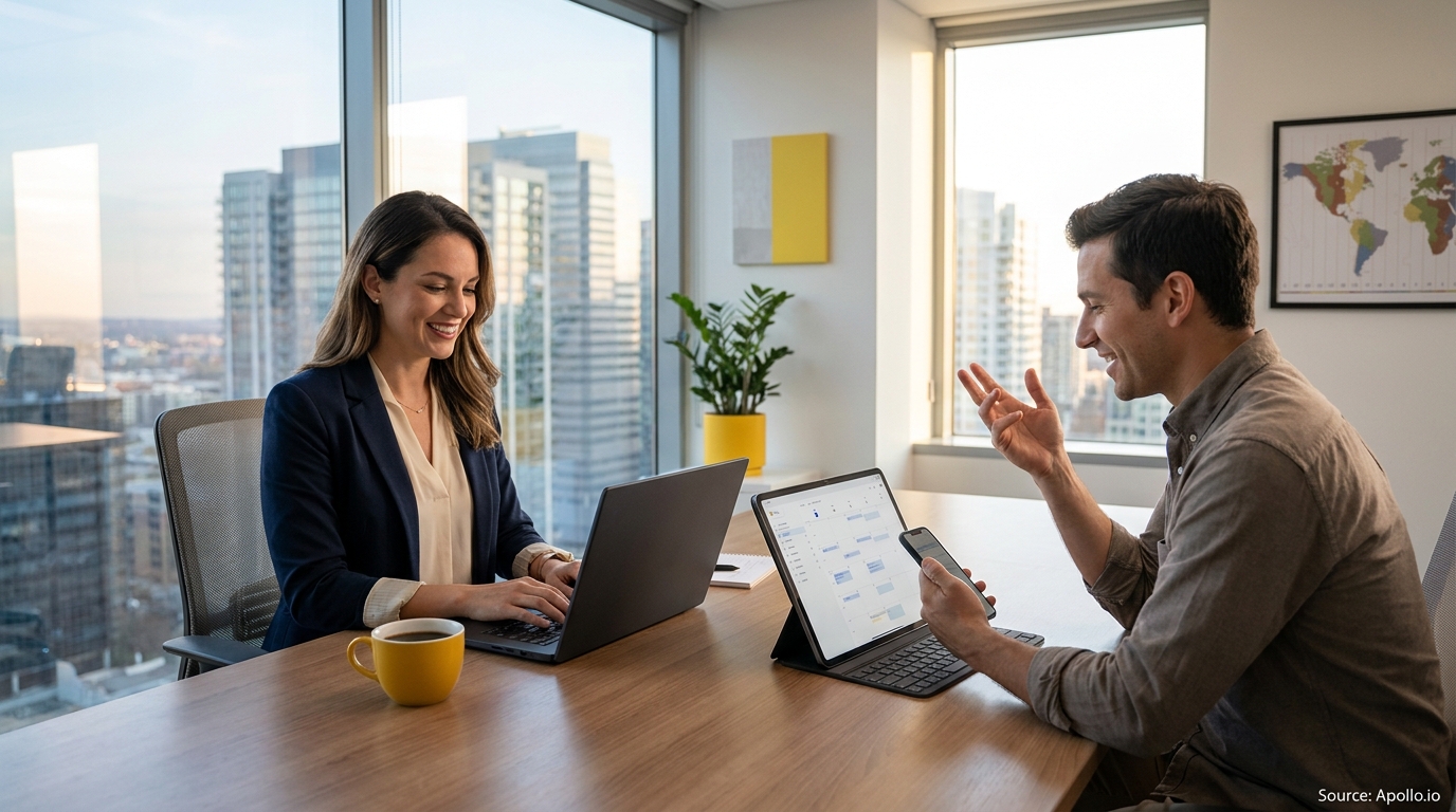 Two smiling professionals at a modern office desk, woman on laptop, man holding phone.