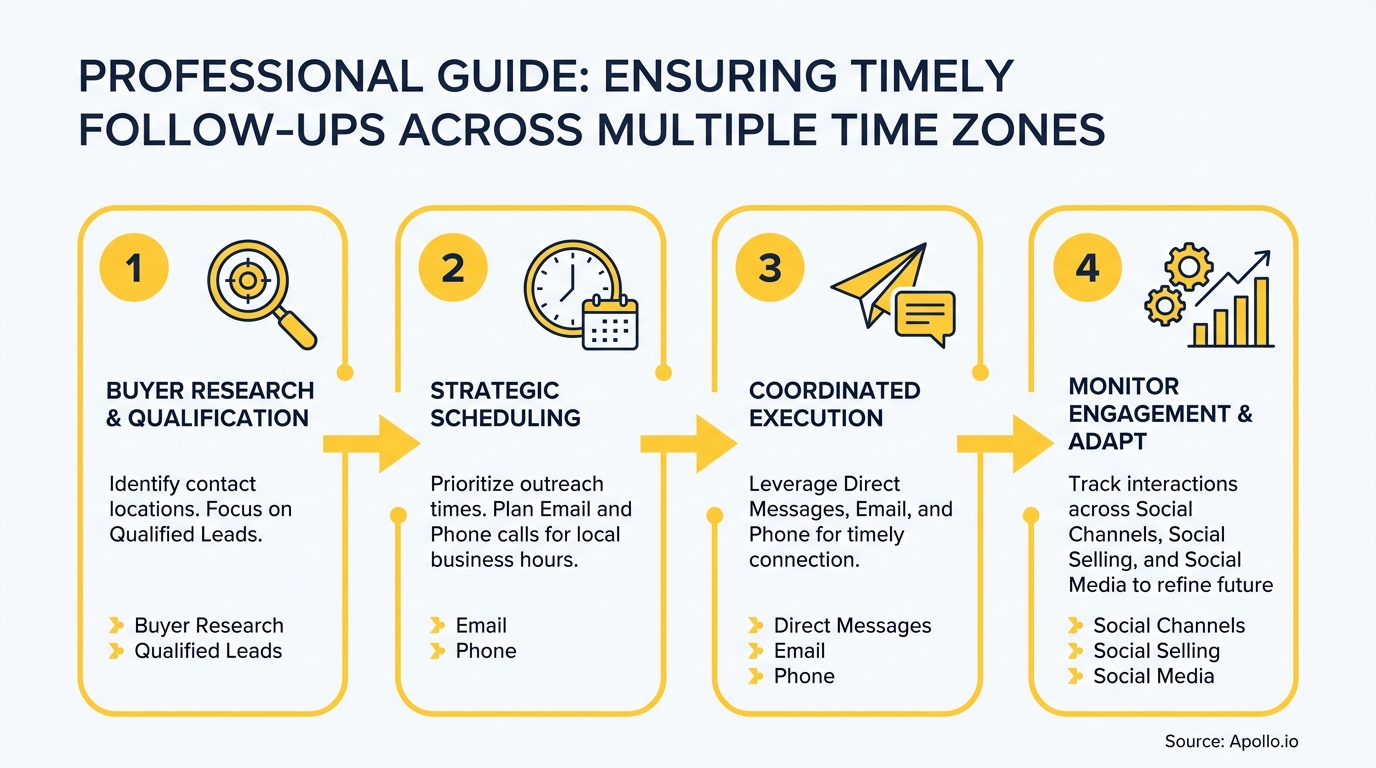 Flowchart detailing four steps for timely follow-ups across multiple time zones, using icons and text.