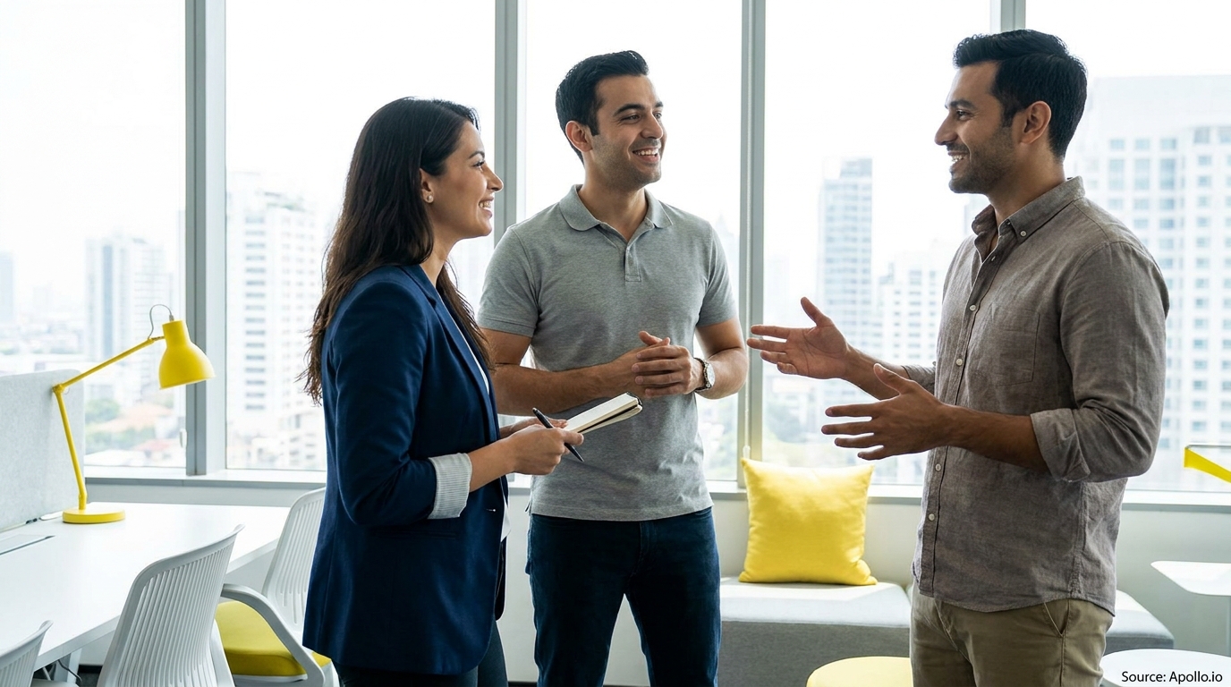 Three smiling professionals converse in a bright modern office with city views.