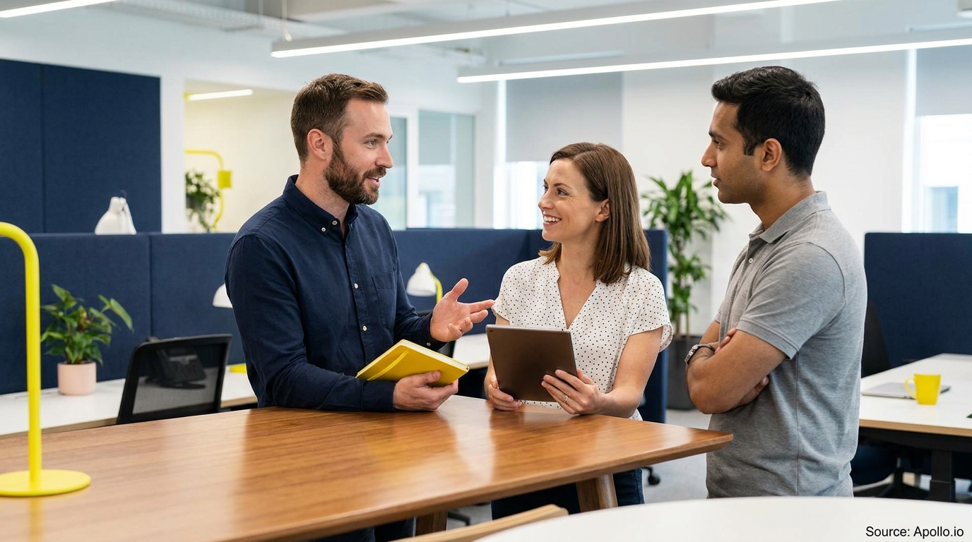Three colleagues discuss in a modern office, one with a notebook, another with a tablet.