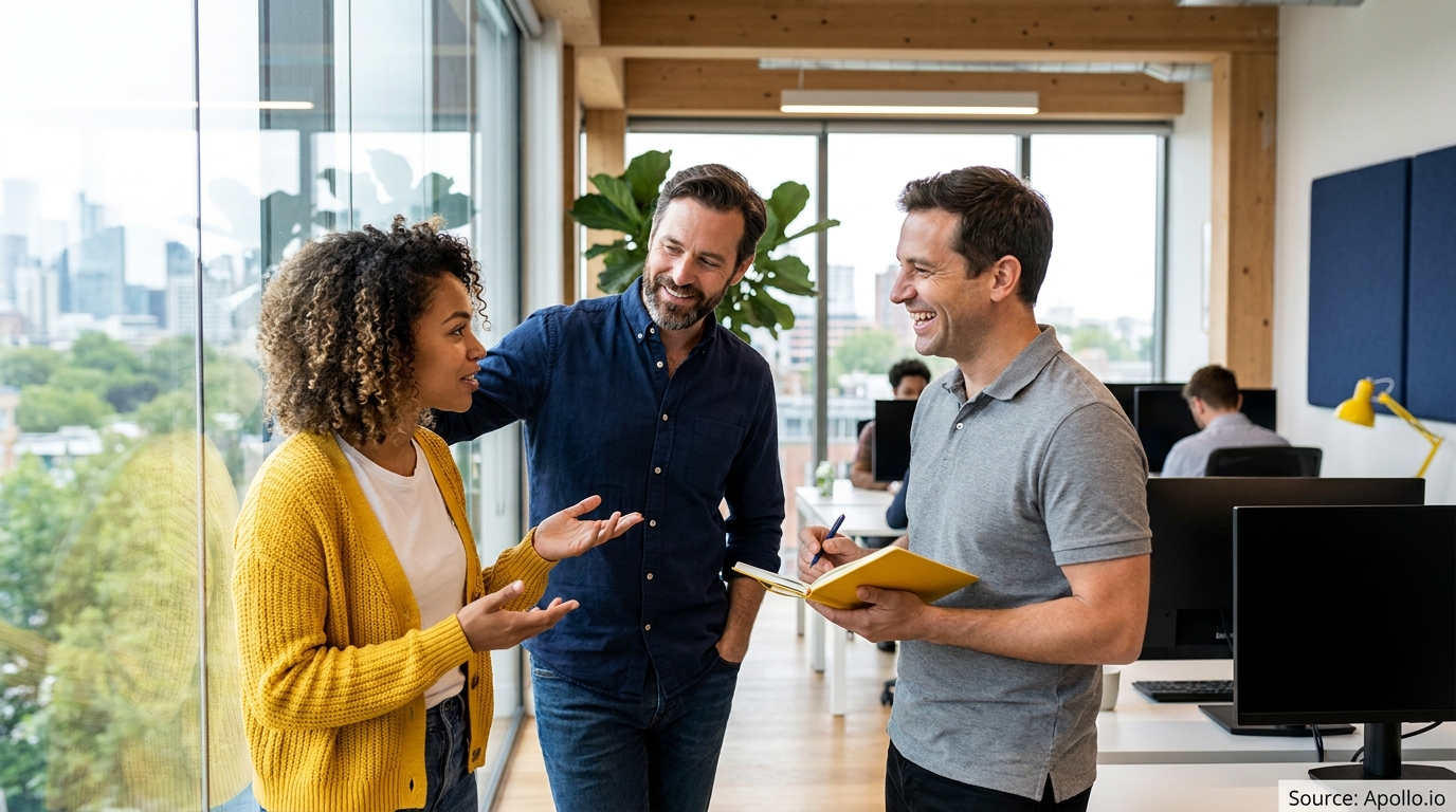 Three professionals discuss and smile in a modern office, one holding a notebook.