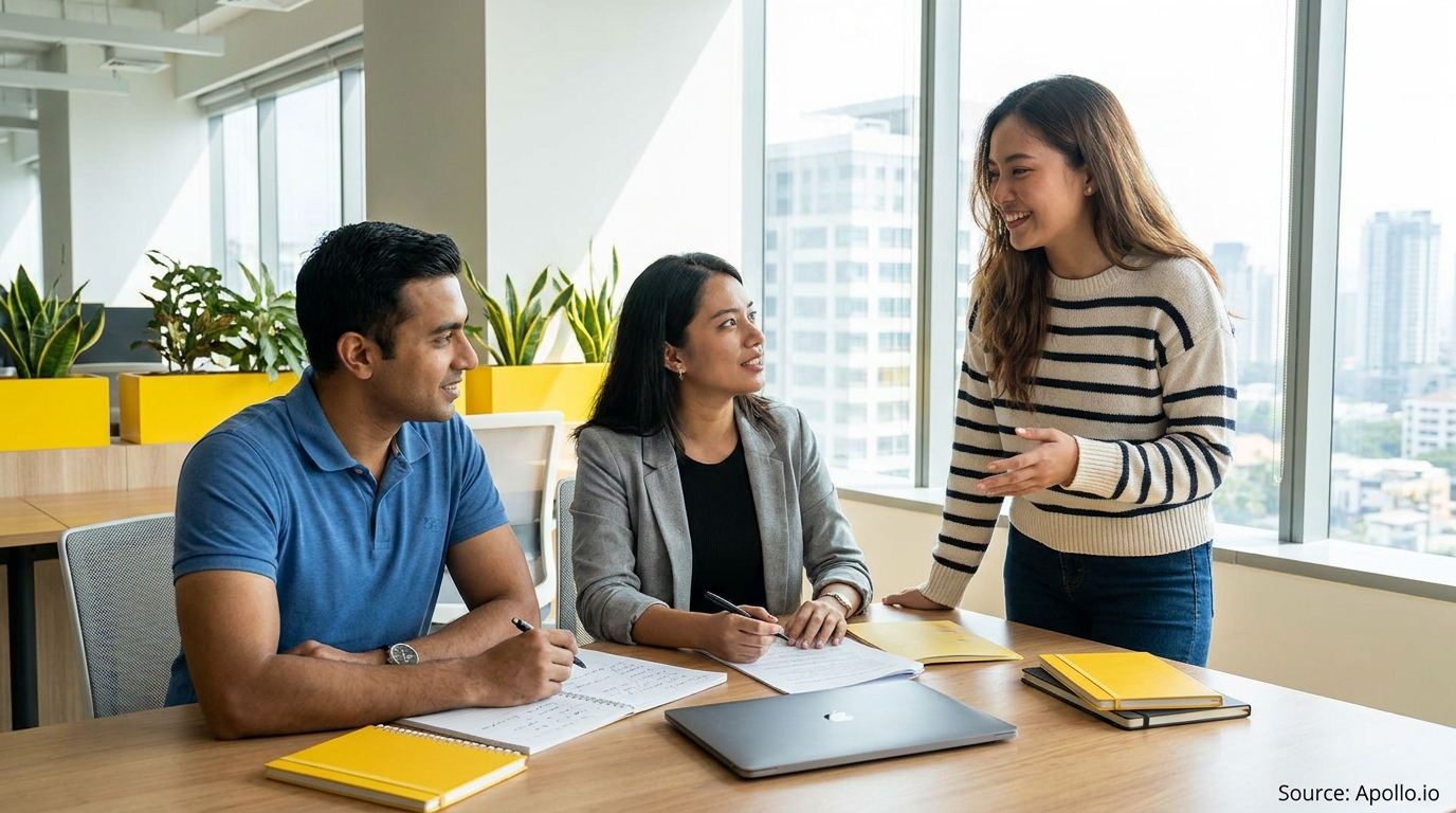 Three professionals discuss at a modern office table with notebooks and a laptop.