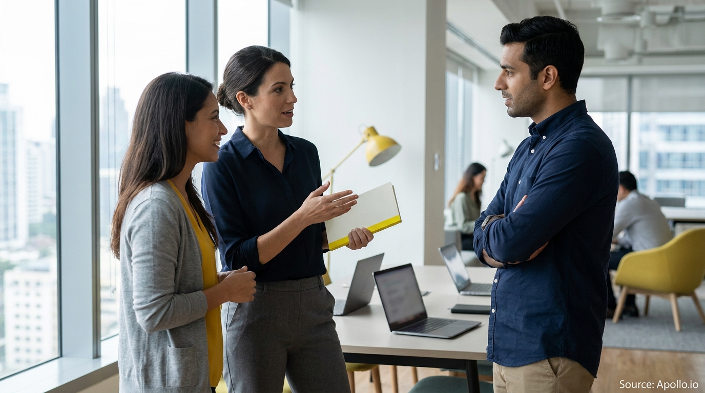 Three business professionals discuss in a modern office with large windows.