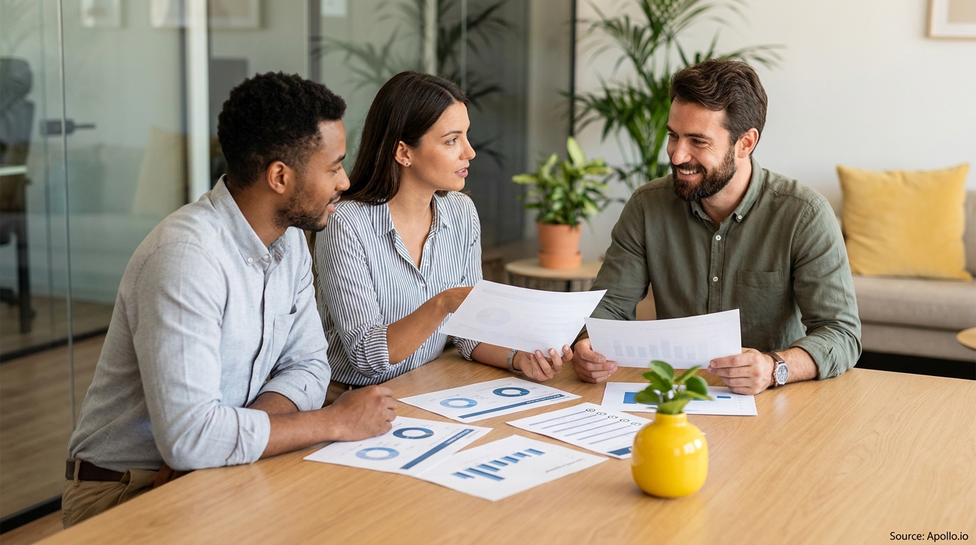Three professionals analyze data and discuss reports at a modern office table.