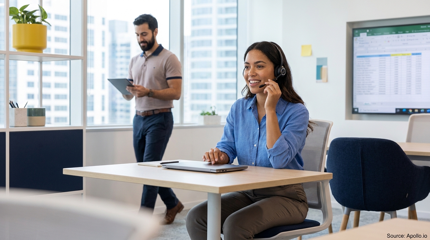 Smiling woman wearing a headset works at a desk while a man reviews a tablet in a modern office.