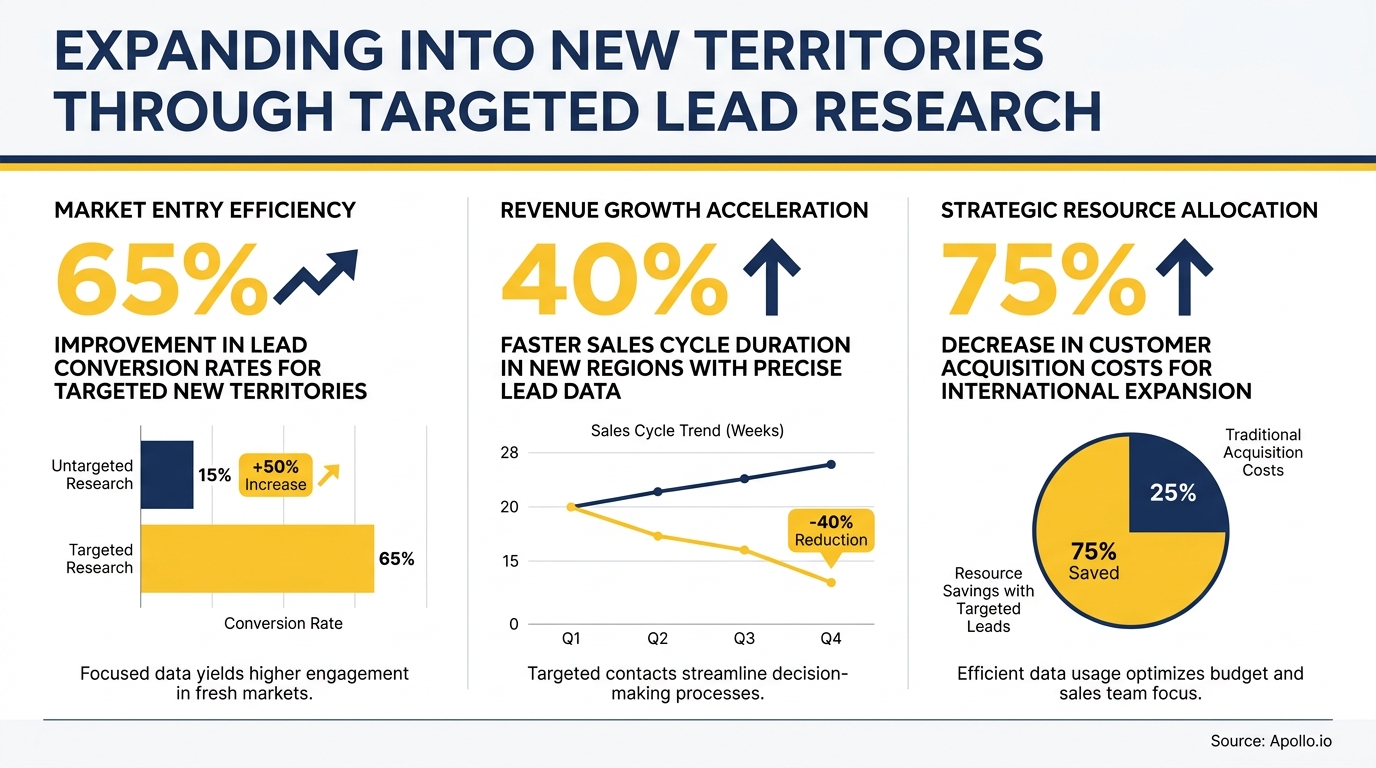 Charts illustrating market entry, sales, and cost efficiency improvements in new territories from targeted lead research.