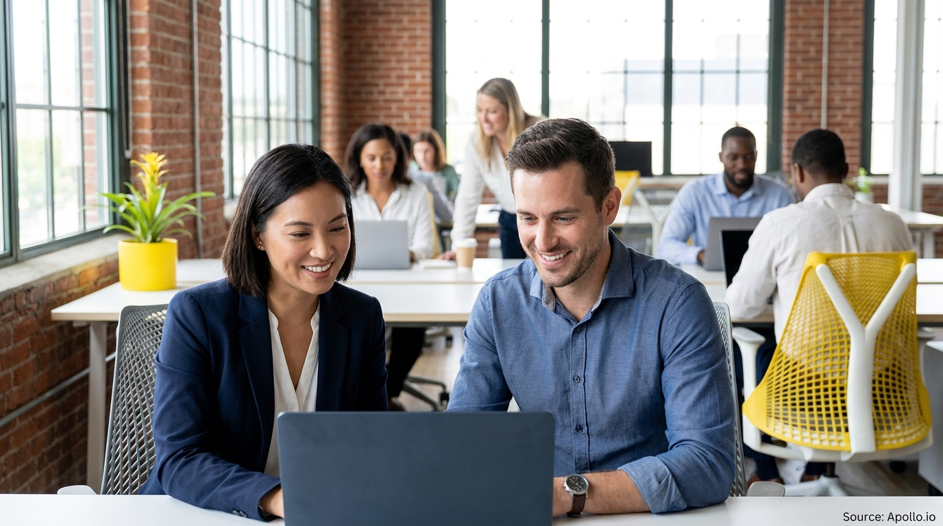 Two smiling professionals look at a laptop in a modern office, with other colleagues working in the background.