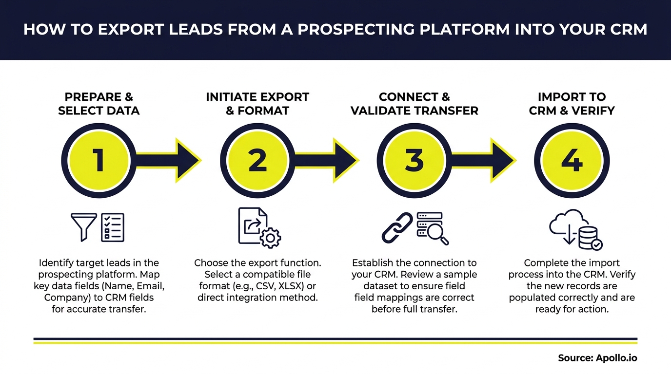 Diagram illustrating four steps for exporting leads from a prospecting platform to a CRM.