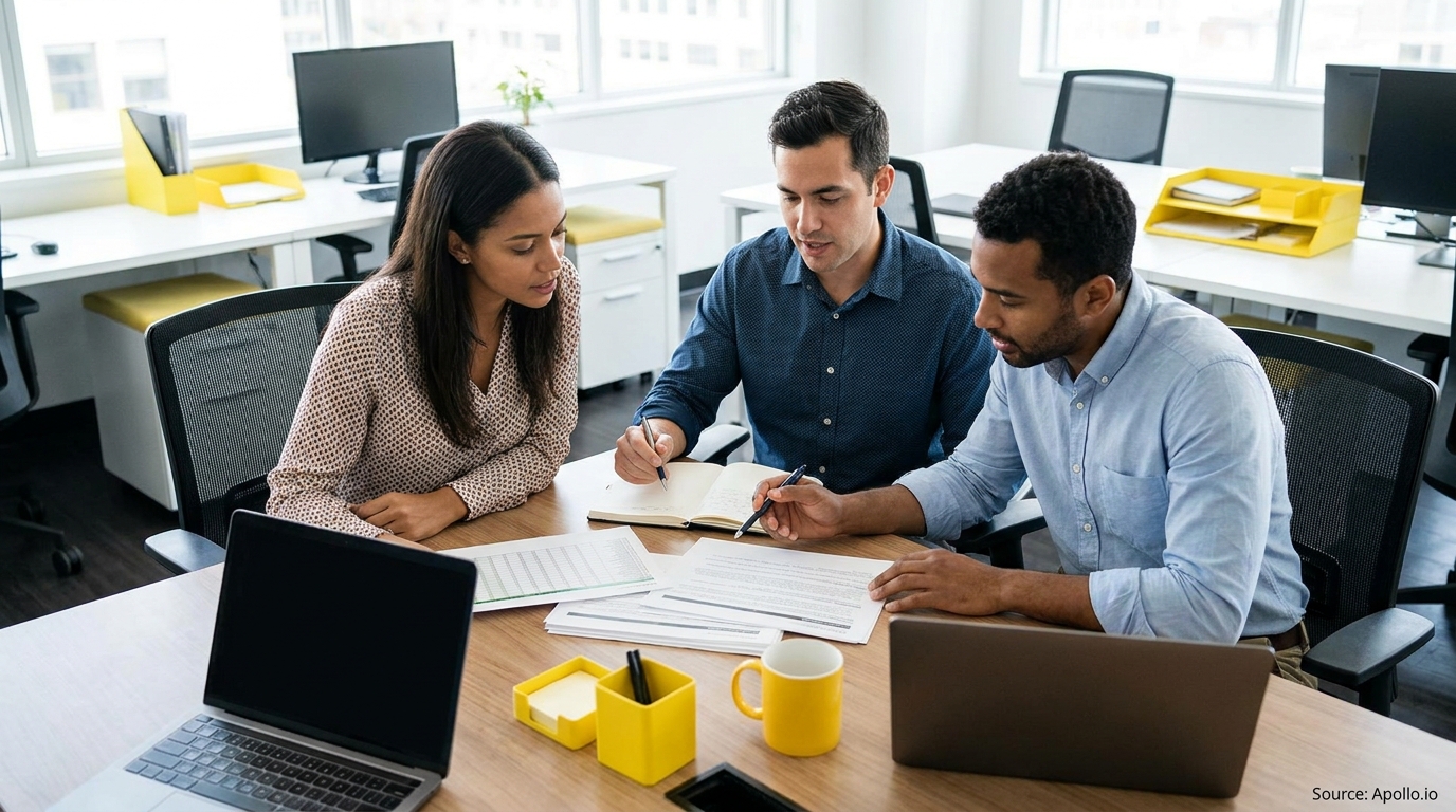 Three diverse professionals collaborate at a modern office table, reviewing documents and writing notes.