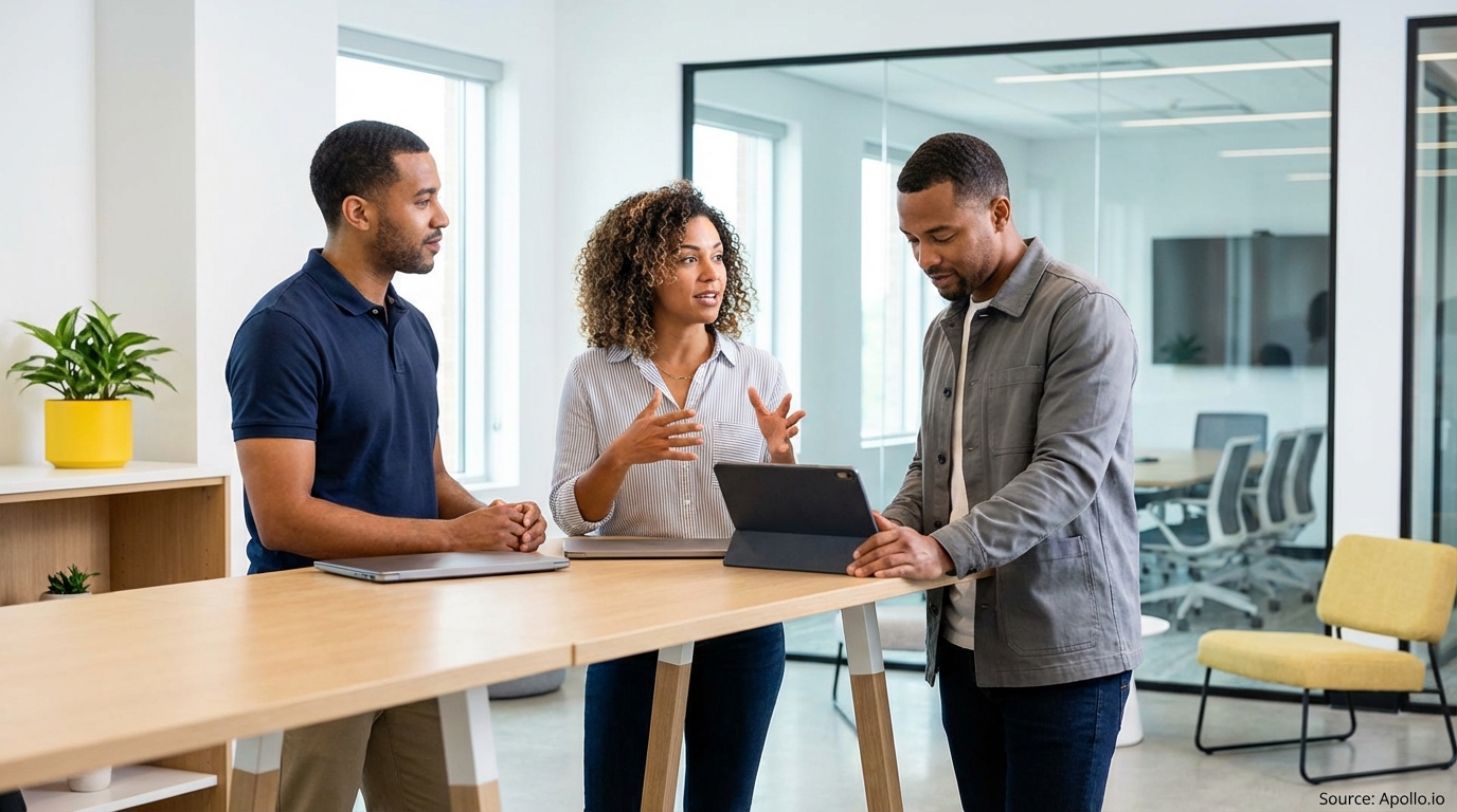 Three diverse professionals discussing ideas around a tablet in a modern office.