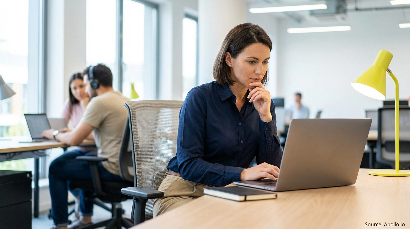 Focused woman works on laptop at a modern office desk while colleagues collaborate in the background.