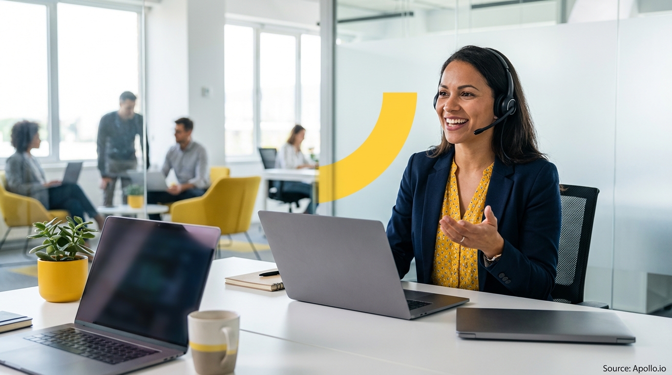 Sales development rep on a call wearing a professional headset during a hiring discussion