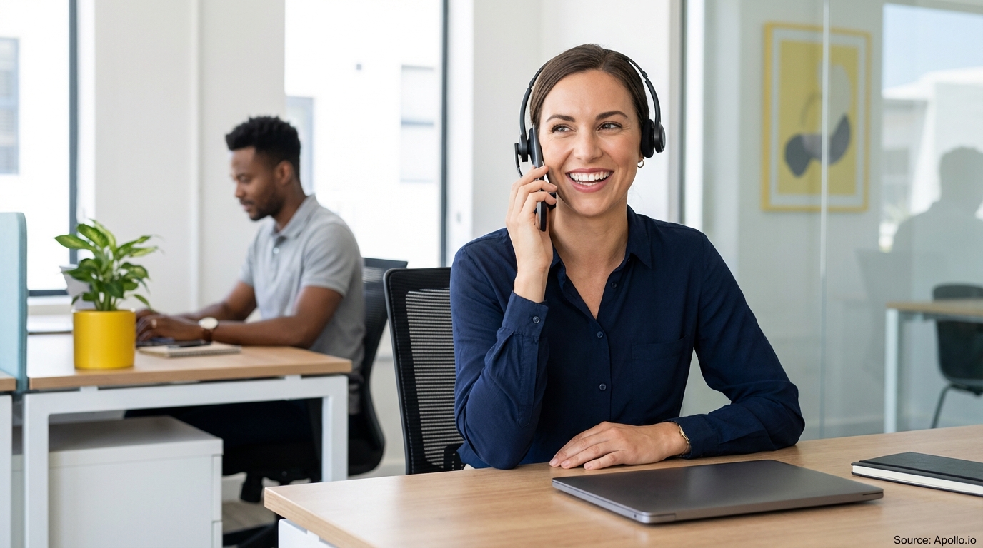 A smiling woman in a headset talks on the phone while a man works on a laptop in a modern office.