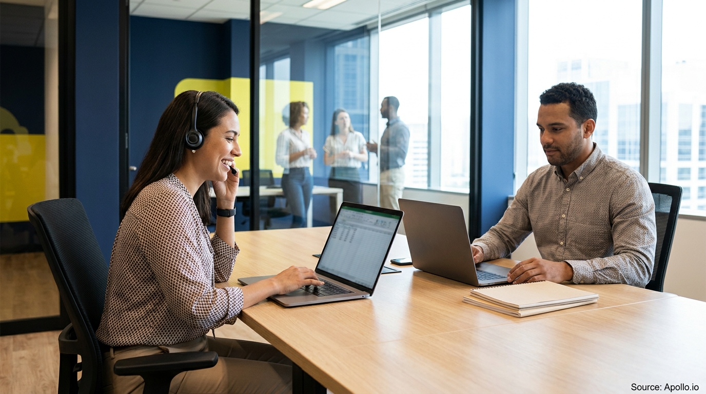Two colleagues work on laptops at a desk, one on a call, with others talking in a modern office.