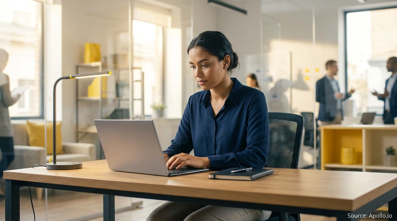 A woman types on a laptop at a modern office desk with blurred colleagues in the background.